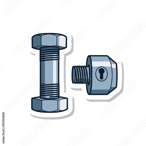Illustration of a bolt and seal with lock design, isolated on a white background, showcasing detailed metal texture and engineering precision