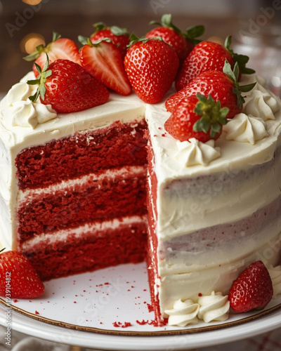 red velvet cake, strawberry red velvet cake, red velvet dessert, cake with strawberries, fresh strawberries, white frosting cake, cream frosting, red velvet slice, layered velvet cake, strawberry topp
