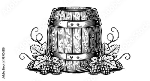 Vintage engraving wooden beer barrel with hop cones brewing ingredient hand drawn woodcut style craft beer illustration