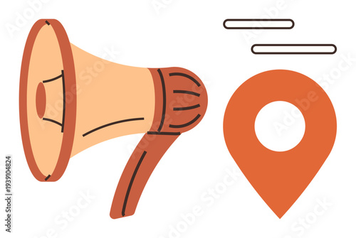Marketing, location targeting, communication, advertising, business promotion, geolocation strategy. A loudspeaker beside a map pin. Marketing and location targeting concepts