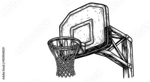 Vintage engraving basketball hoop and backboard sports equipment hand drawn woodcut style athletic illustration