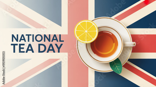 National tea day celebration with a cup of tea and lemon on a saucer set against a union jack background