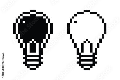 Retro pixel art lightbulb silhouette icon in black and white for innovation concepts