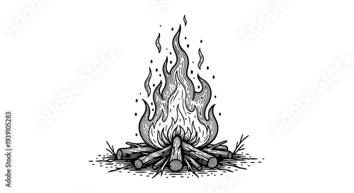 vintage engraving campfire burning wooden logs detailed outdoor camping illustration hand drawn fire flames in retro woodcut style