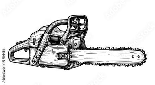 Vintage engraving chainsaw power tool detailed woodworking equipment illustration hand drawn woodcut style