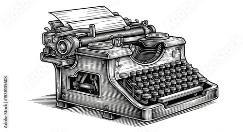 vintage mechanical typewriter detailed retro writing machine engraving illustration isolated, hand drawn antique office equipment woodcut style classic journalist typing device artwork