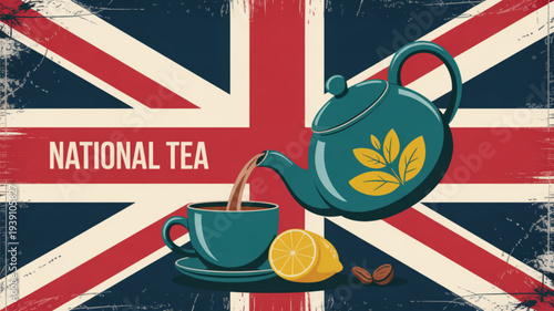 British tea culture with teapot pouring into cup on saucer with lemon and leaves on uk flag background