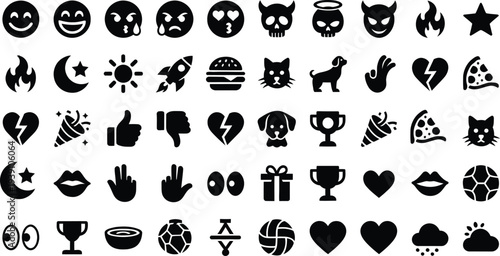 Set of 40 black icons vector, emoticon and object symbols
