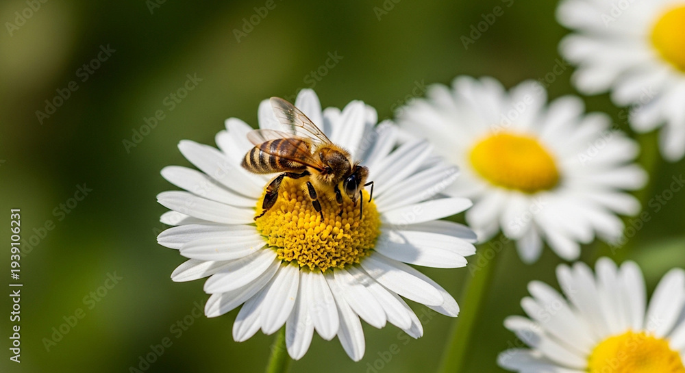 Fototapeta premium A bee collecting nectar from a white daisy flower in a lush green garden viewed from a close-up perspective