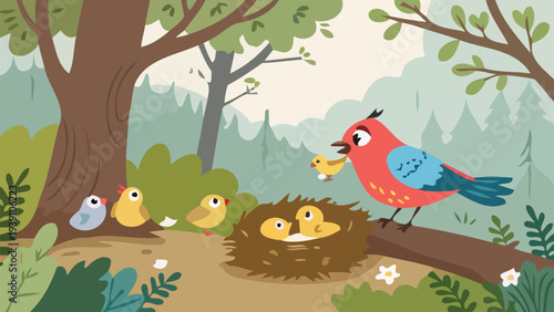Parent bird feeding chicks in nest cartoon forest scene with trees and foliage
