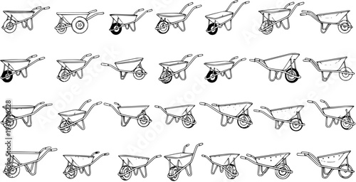 Hand-drawn sketch collection of diverse wheelbarrows, depicted in various angles and designs, arranged in a grid for agriculture and construction themes.