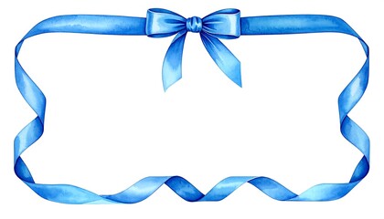 Watercolor light blue ribbon frame with bow, centered. Empty space for text or image insertion