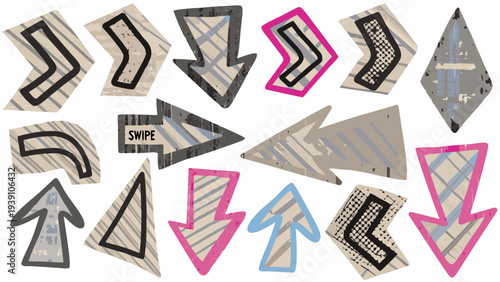 Collage of abstract arrows and geometric shapes in varying shades
