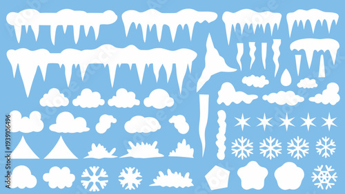 Collection of white winter elements icicles snow and snowflake shapes