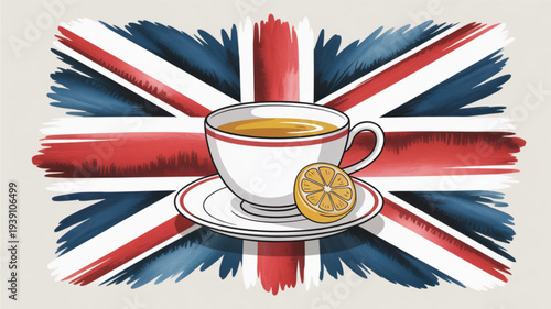 British tea culture with lemon uk flag background vector illustration english tea time symbol hot beverage