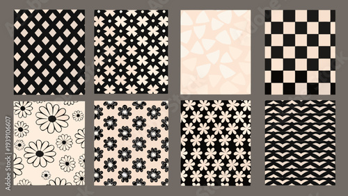 Assorted geometric and floral patterns in a grid arrangement