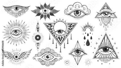 Collection of mystical eyes and celestial symbols in black and white