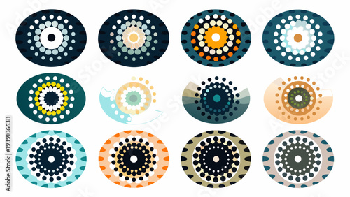 Abstract circular patterns in varying colors and arrangements displayed as icons