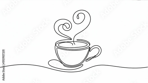 Steaming hot coffee cup on saucer with swirling steam simple line art design for cafe or breakfast concept