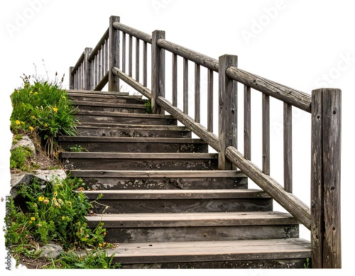 Weathered wooden staircase ascends a small hill. Plants grow on the side of stairs isolated on white