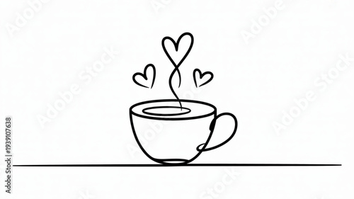 Simple line art illustration of a coffee cup with hearts rising from the steam on a white background symbolizing love and warmth