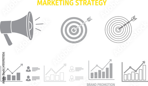 Marketing strategy and analytics icons with megaphone target and graphs