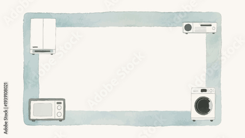 Simple illustrations of home appliances for a new lifestyle. White goods. Copy space. Frames. Furniture. Interior design.