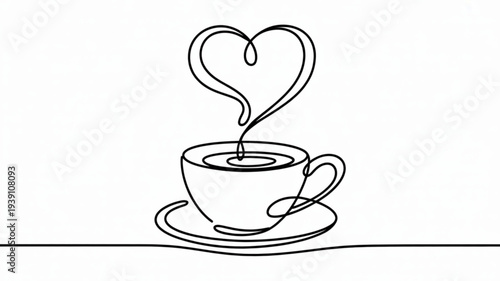 Continuous line drawing of a steaming cup of coffee with heart shaped steam on a saucer