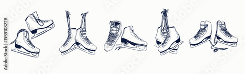 Figure Ice Skates vector hand drawn  illustration set. Various pairs on white background. Perfect for winter holidays, sports shops, christmas projects.