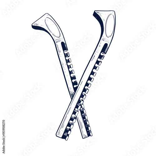 Figure Ice skates protective blade guards . Vector hand drawn illustration. Perfect for winter sports theme, poster design, cozy seasonal artwork. Vintage sketch style