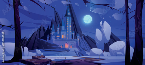 Road to magic castle at night, fairytale palace