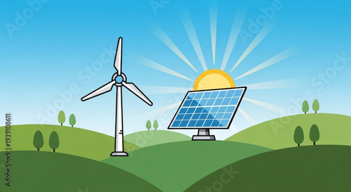 A vector graphic illustration of a wind turbine and solar panel in a green landscape with a sunny blue sky