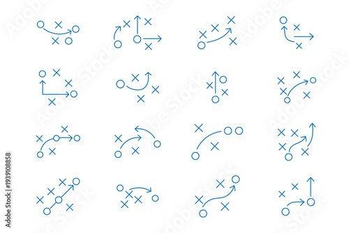 American Football Strategy Playbook Icons Set, Tactical Game Plan Diagrams with X and O Players, Movement Arrows, Coaching Strategy Symbols, Sports Training Vector Illustration.eps10