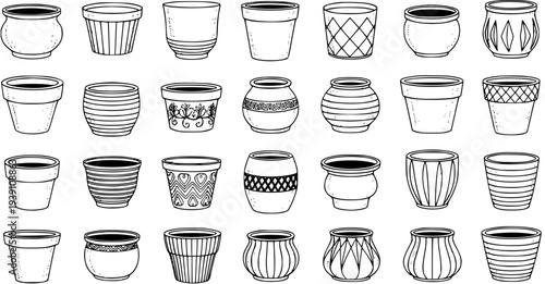 Hand-drawn black and white vector sketch collection of various plant pots and flower planters with diverse shapes and decorative patterns.