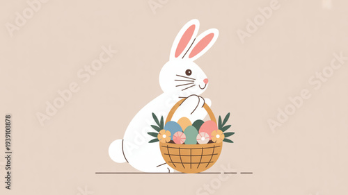 White easter bunny holding basket of colorful eggs on pastel background springtime celebration
