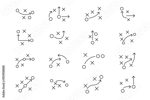 American Football Strategy Playbook Icons Set, Tactical Game Plan Diagrams with X and O Players, Movement Arrows, Coaching Strategy Symbols, Sports Training Vector Illustration.eps10