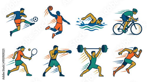 Modern Sports Icon Collection with Dynamic Motion Athletes Vector Art