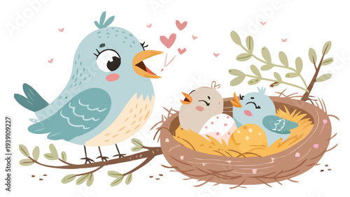 Cute baby birds in a nest with mother bird vector illustration set featuring cartoon style