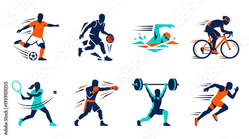Energetic Sports Athletes Flat Vector Icons Set for Graphic Design