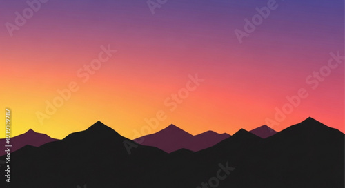 A vibrant vector graphic illustration of a serene mountain range at sunset