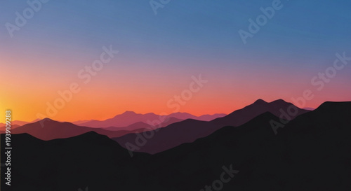 A serene mountain landscape at sunset with a vibrant sky
