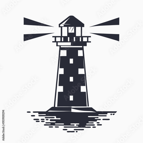 Two-Tone Solid Color Pixel Art Lighthouse Silhouette at Sea Vector Graphic