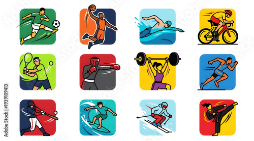 Colorful Sports People Collection Football Basketball Swimming Cycling Vector
