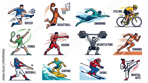 Flat Vector Sport Icons Set with Athletes in Action Illustration
