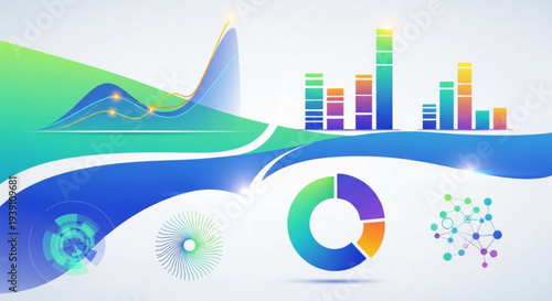 A colorful vector graphic illustration of business data analysis with charts and graphs
