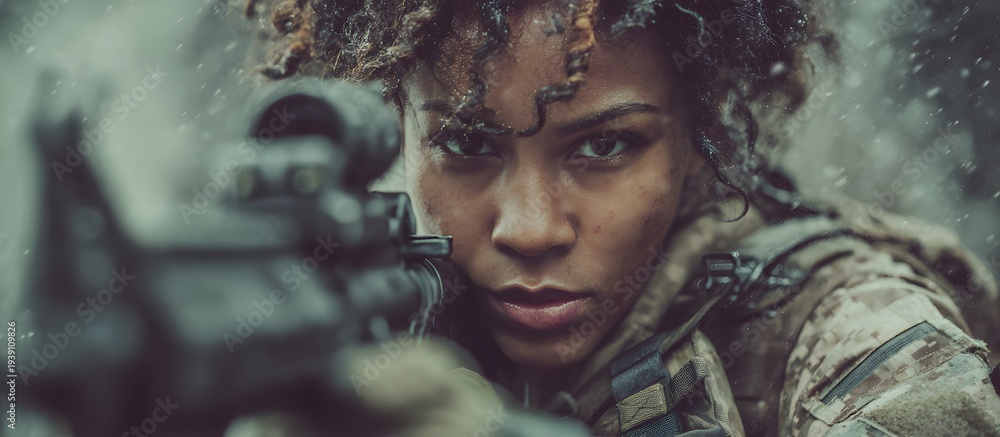 Obraz premium Close-up of a female soldier holding a weapon.