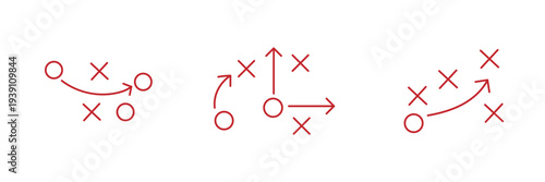 American Football Coaching Playbook Diagram Icon Set with X O Player Positions, Route Arrows, Tactical Strategy Formation Symbols, Sports Training Vector Collection.eps10
