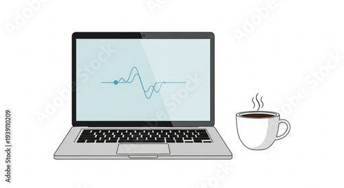 A vector graphic illustration of a laptop with a waveform on its screen next to a steaming cup of coffee
