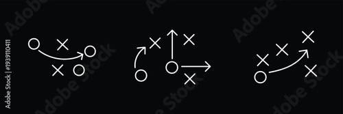 American Football Coaching Playbook Diagram Icon Set with X O Player Positions, Route Arrows, Tactical Strategy Formation Symbols, Sports Training Vector Collection.eps10