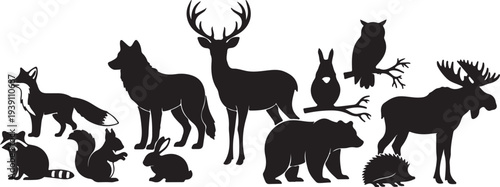 Collection of Black Isolated Forest and Woodland Animal Silhouettes Vector Illustration isolated PNG with Transparent Background